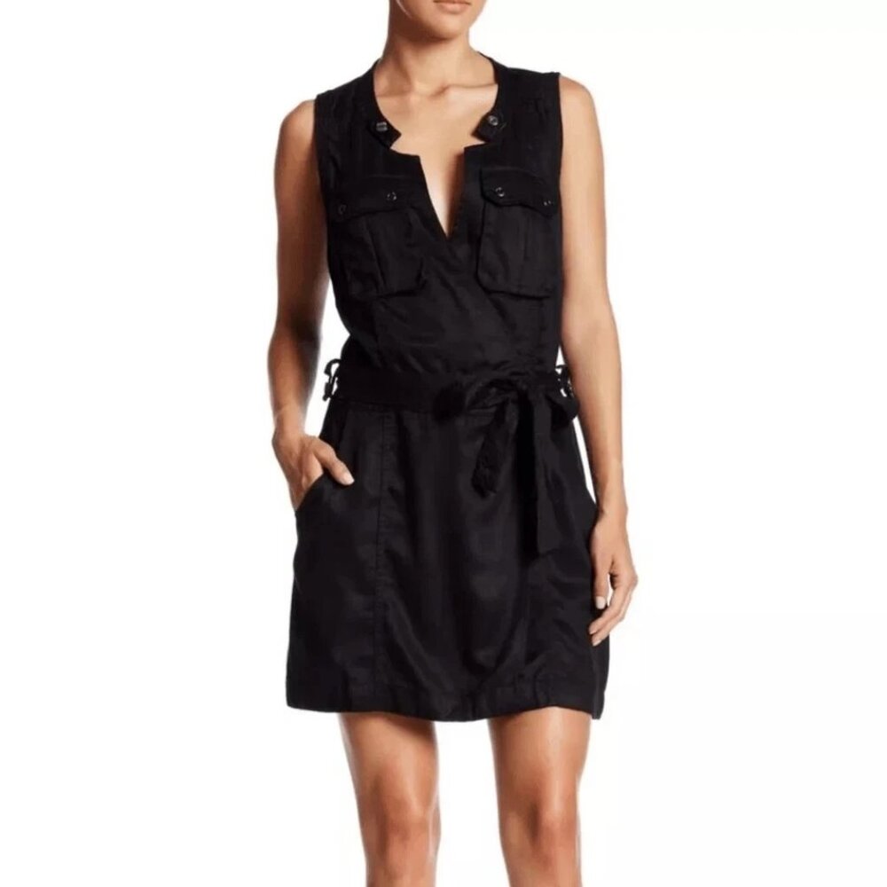 Free People black Sleeveless Utility Tencel Tie Waist Wrap Mini Dress M